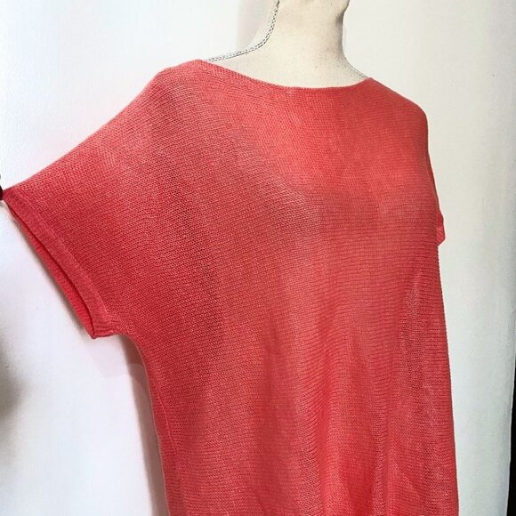 EILEEN FISHER NEON CORAL 100% ORGANIC LINEN OPEN KNIT SHORT TEE TOP - XS - Picture 5 of 9